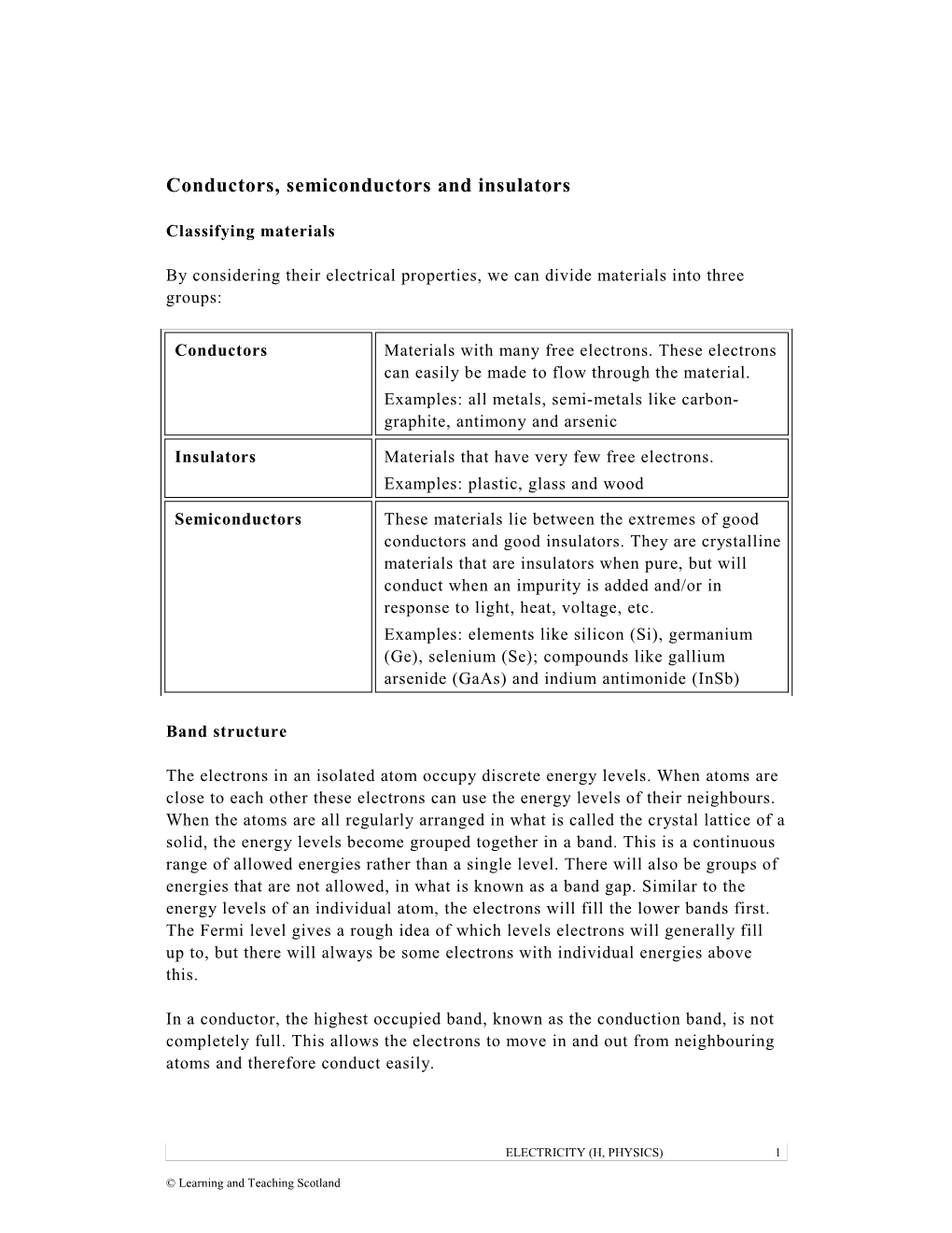 Conductors, Semiconductors and Insulators