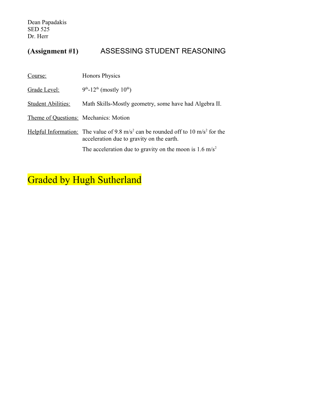 (Assignment #1)ASSESSING STUDENT REASONING