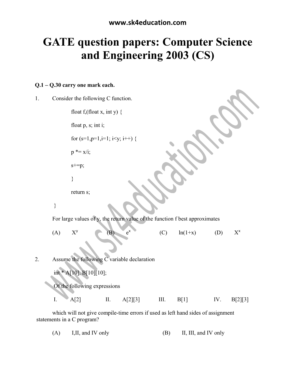 GATE Question Papers: Computer Science and Engineering 2003 (CS)