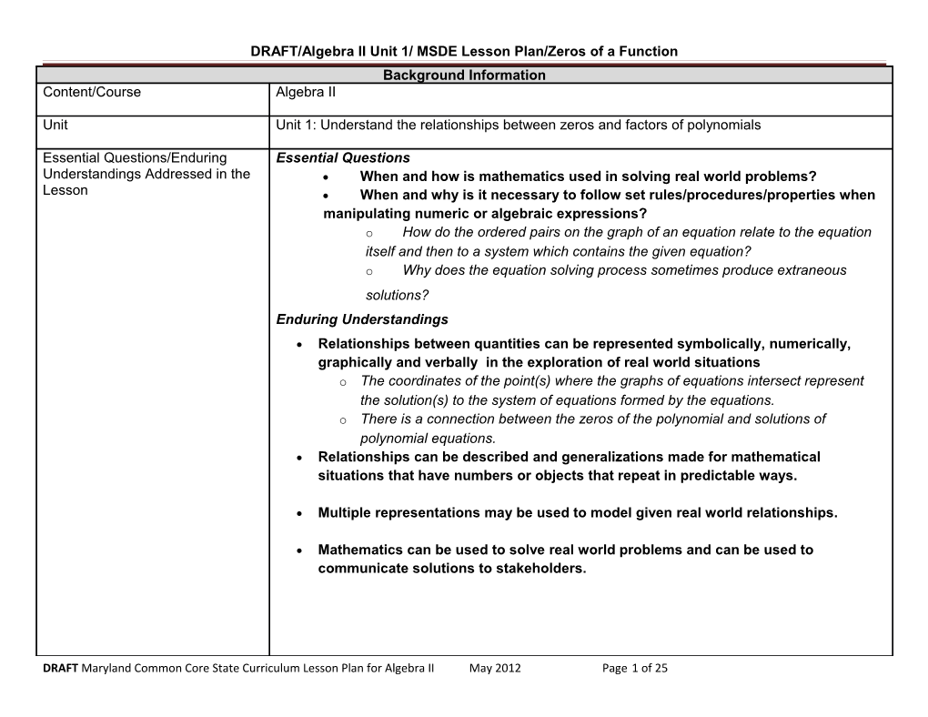 DRAFT/Algebra II Unit 1/ MSDE Lesson Plan/Zeros of a Function