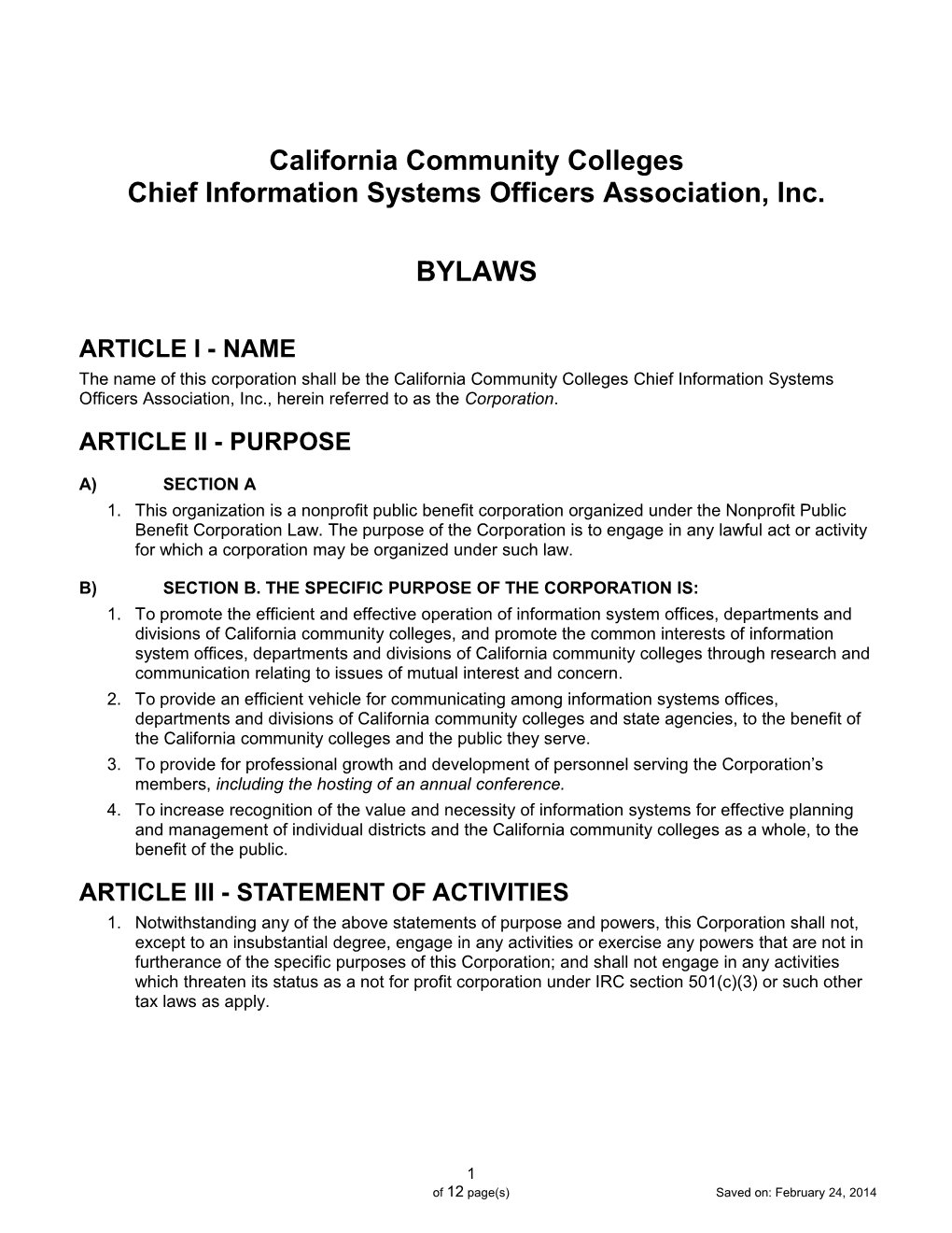 California Community Colleges Chief Information Systems Officers Association, Inc
