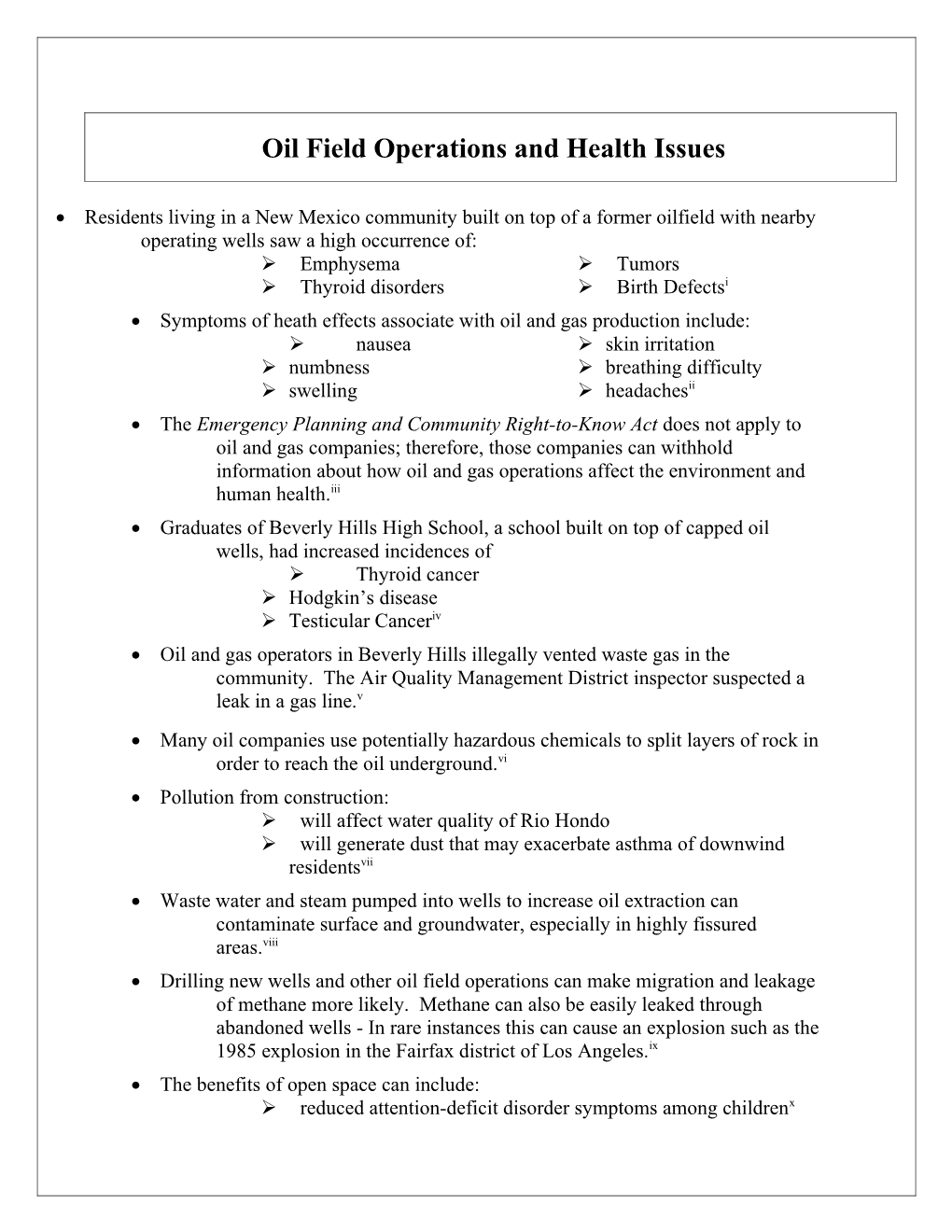 Oil Field Operations and Health Issues