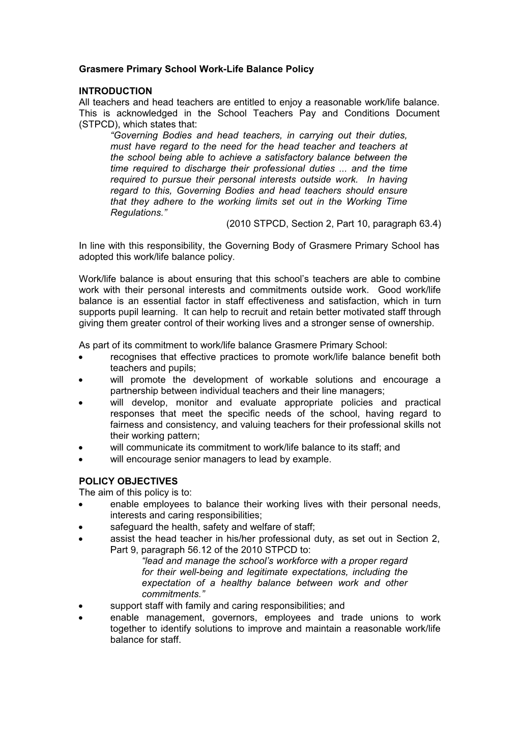 Grasmere Primary School Work-Life Balance Policy