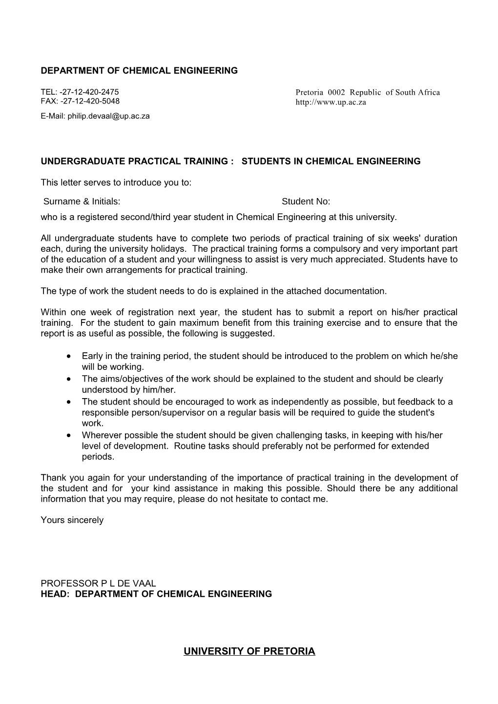 Undergraduate Practical Training : Students in Chemical Engineering