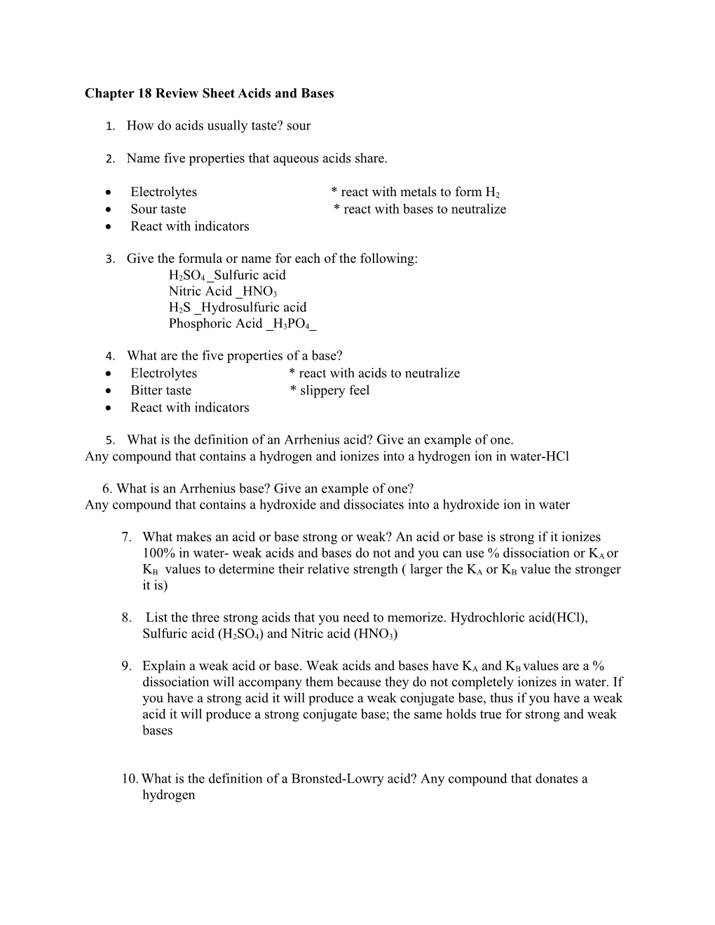 Chapter 18 Review Sheet Acids and Bases