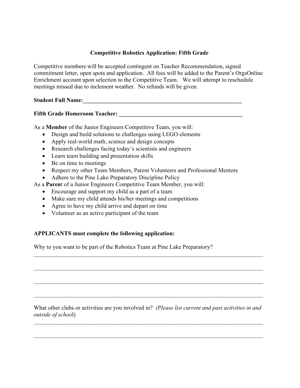 Competitive Robotics Application: Fifth Grade