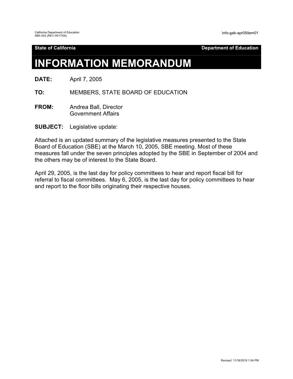 GAB Item 01 April 2005 - Information Memorandum (CA State Board of Education)