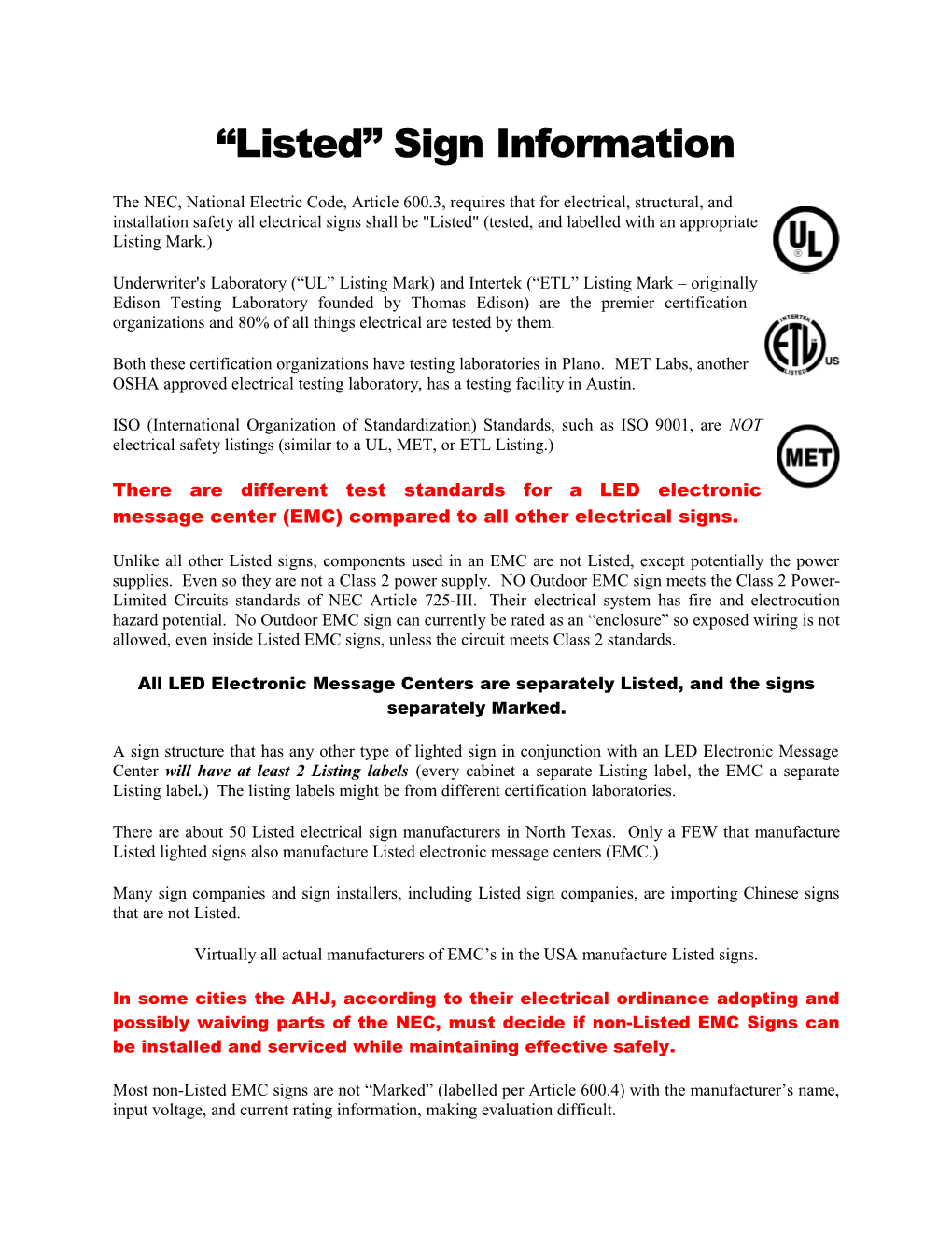 Listed Sign Information