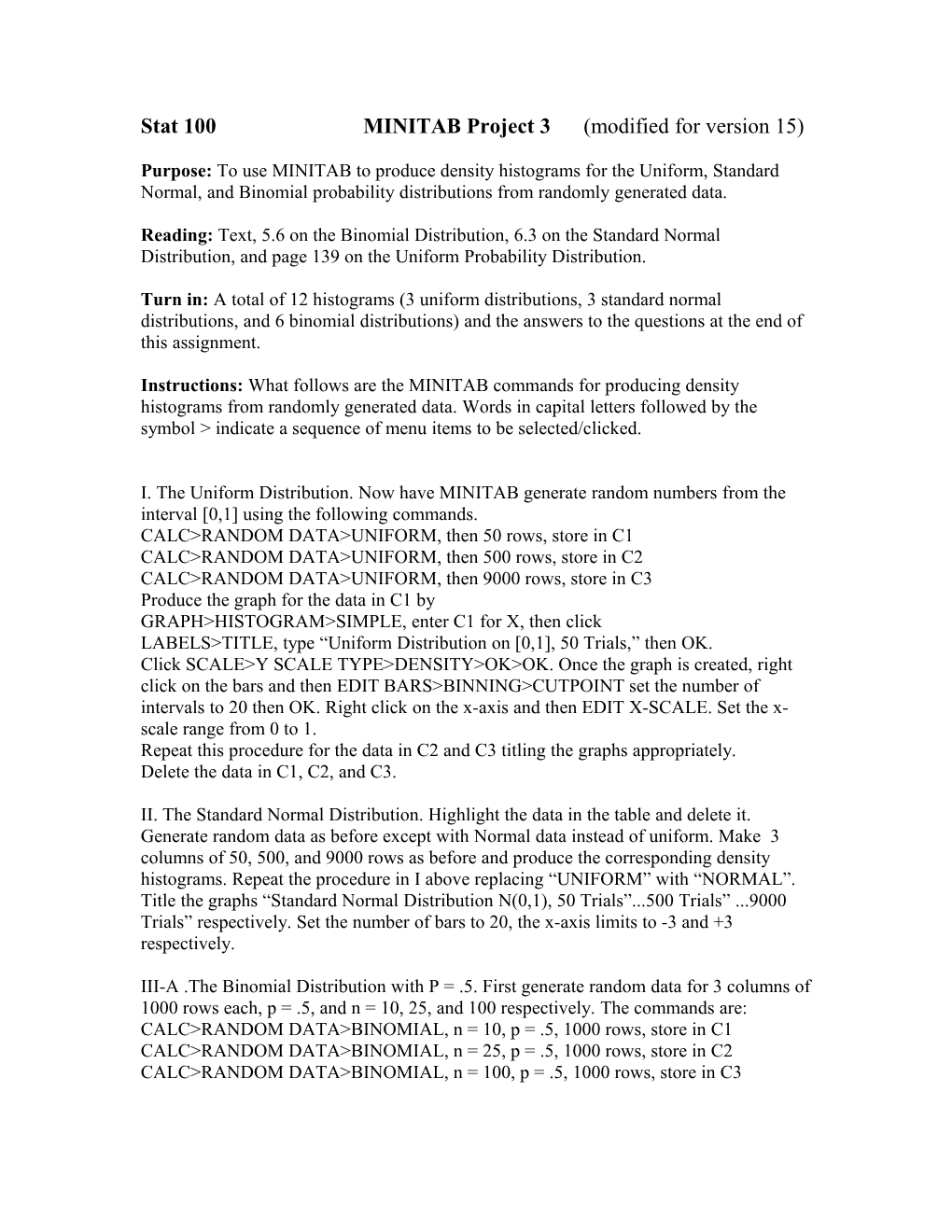 Stat 100 MINITAB Project 3 (Modified for Version 15)