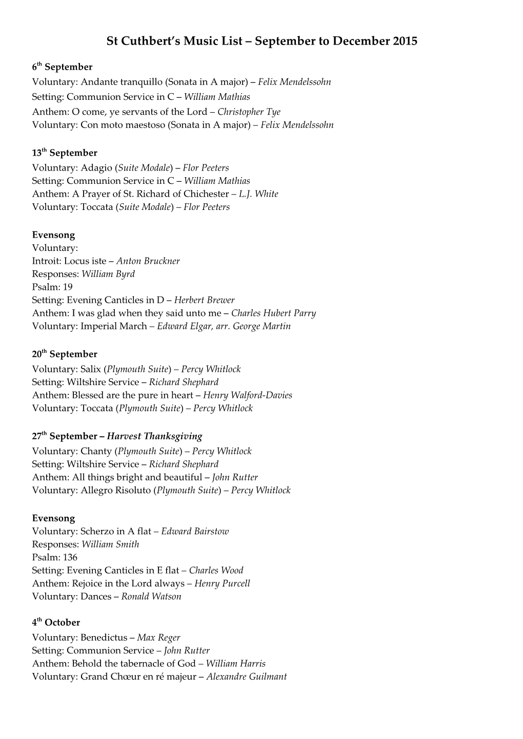 St Cuthbert S Music List September to December 2015