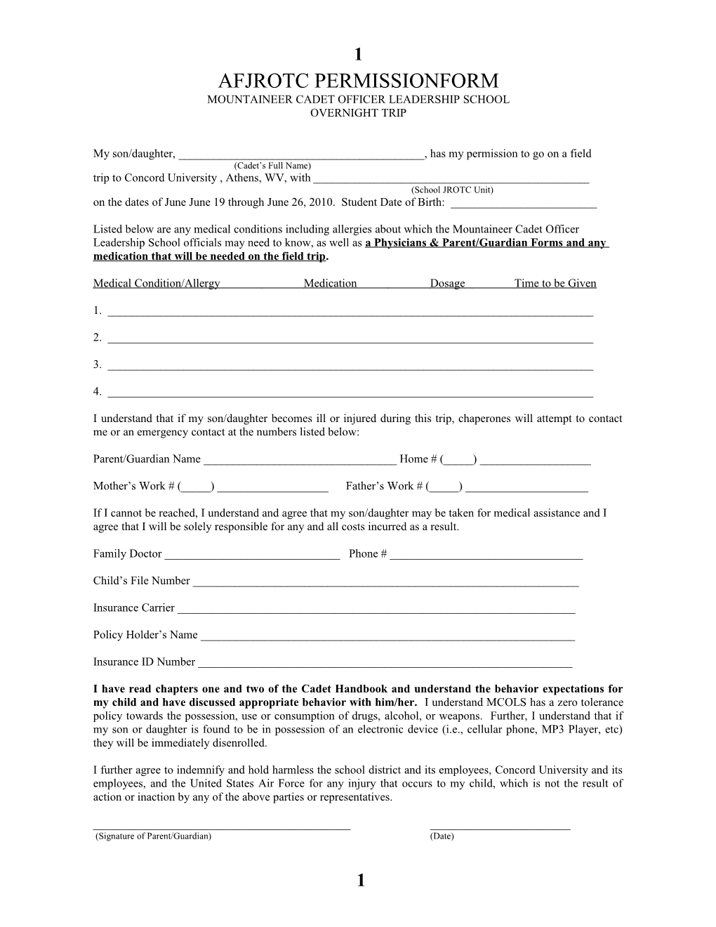 Afjrotc Permission Form