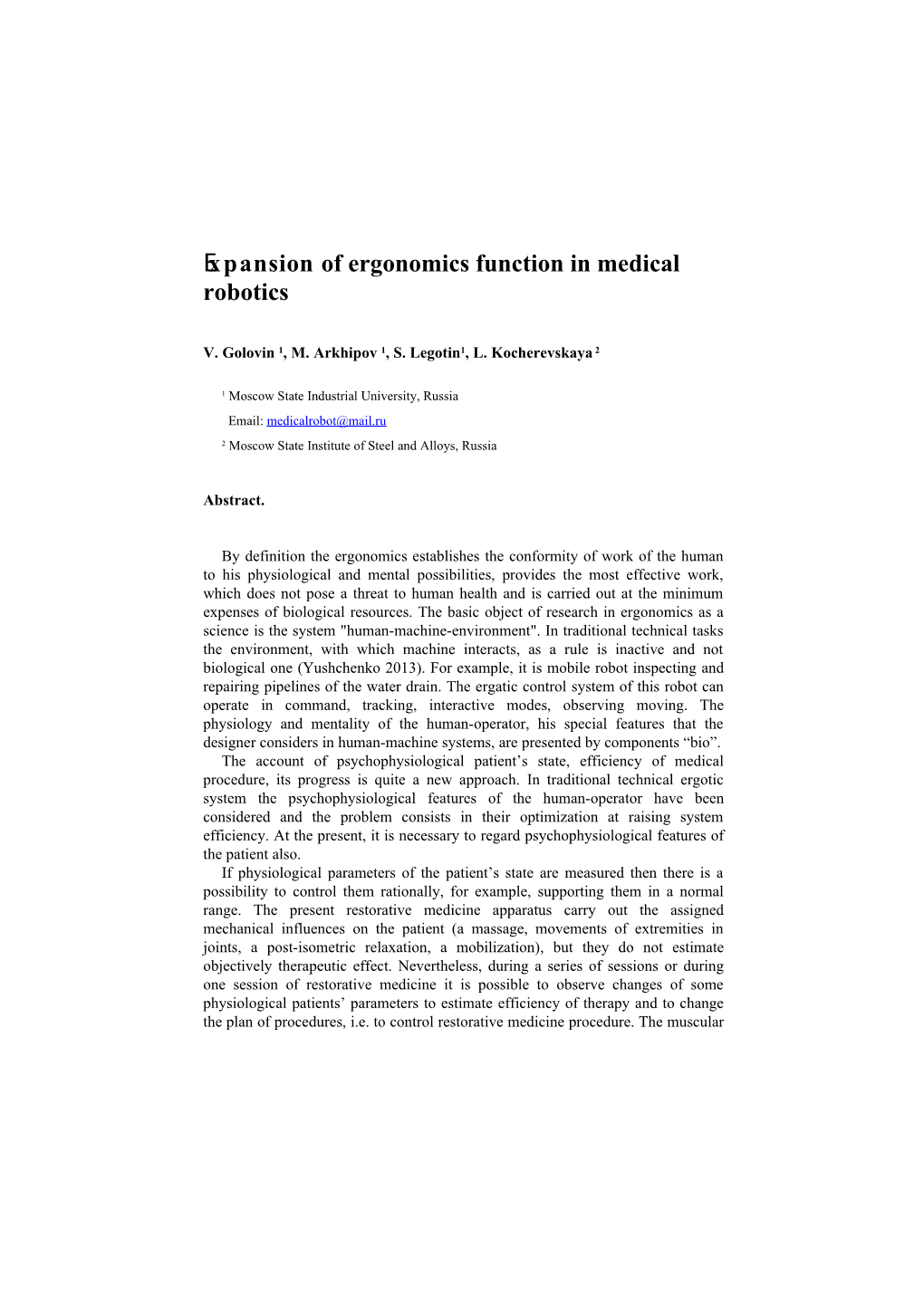 Еxpansion of Ergonomics Function in Medical Robotics