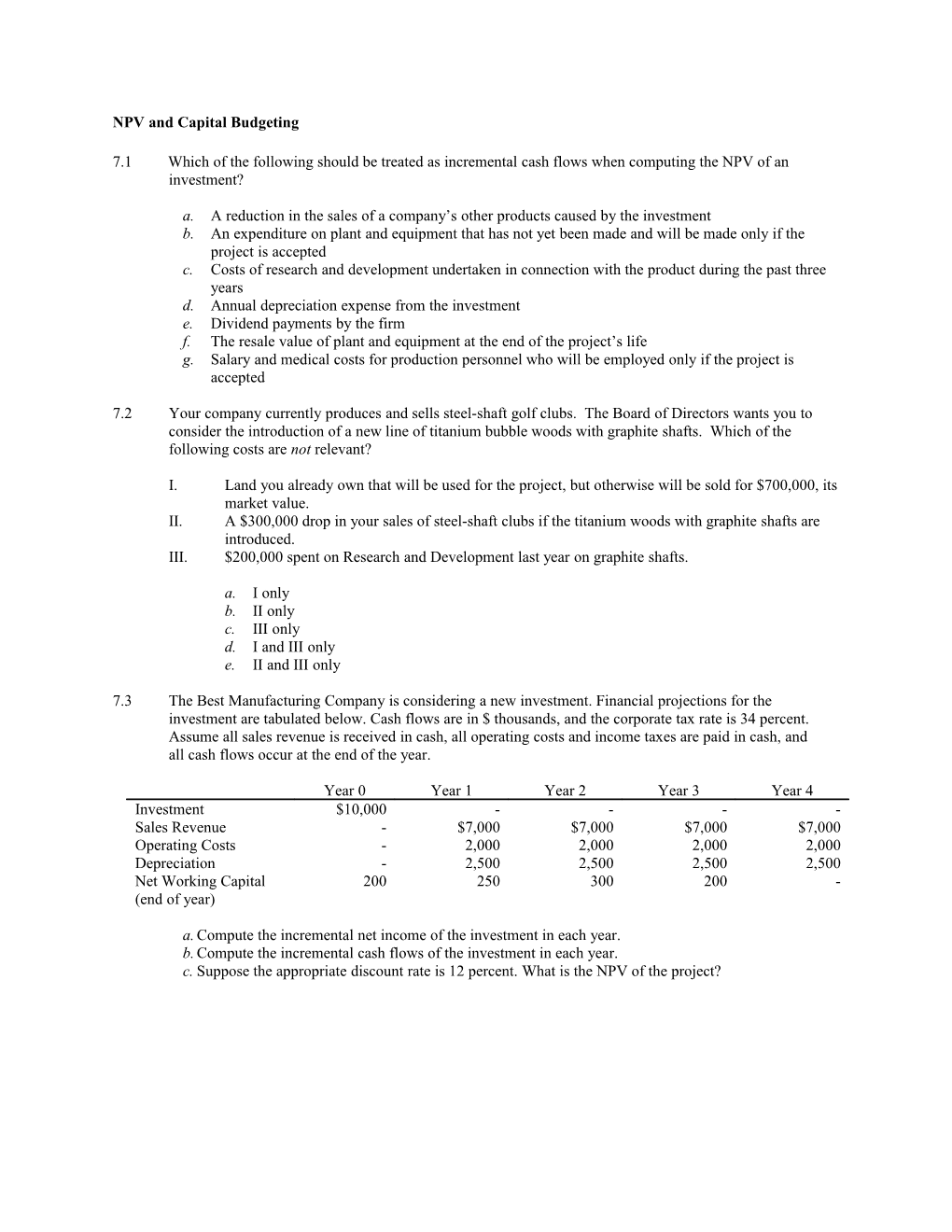 Chapter 7: Net Present Value and Capital Budgeting