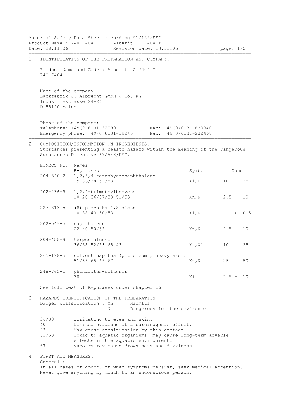 Material Safety Data Sheet According 91/155/EEC