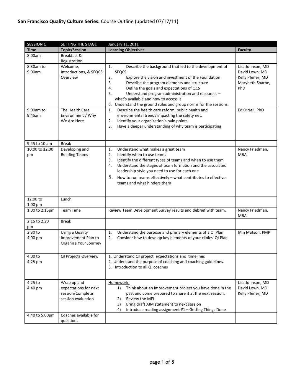 Sfqcscourse Outline: Updated 07/17/11