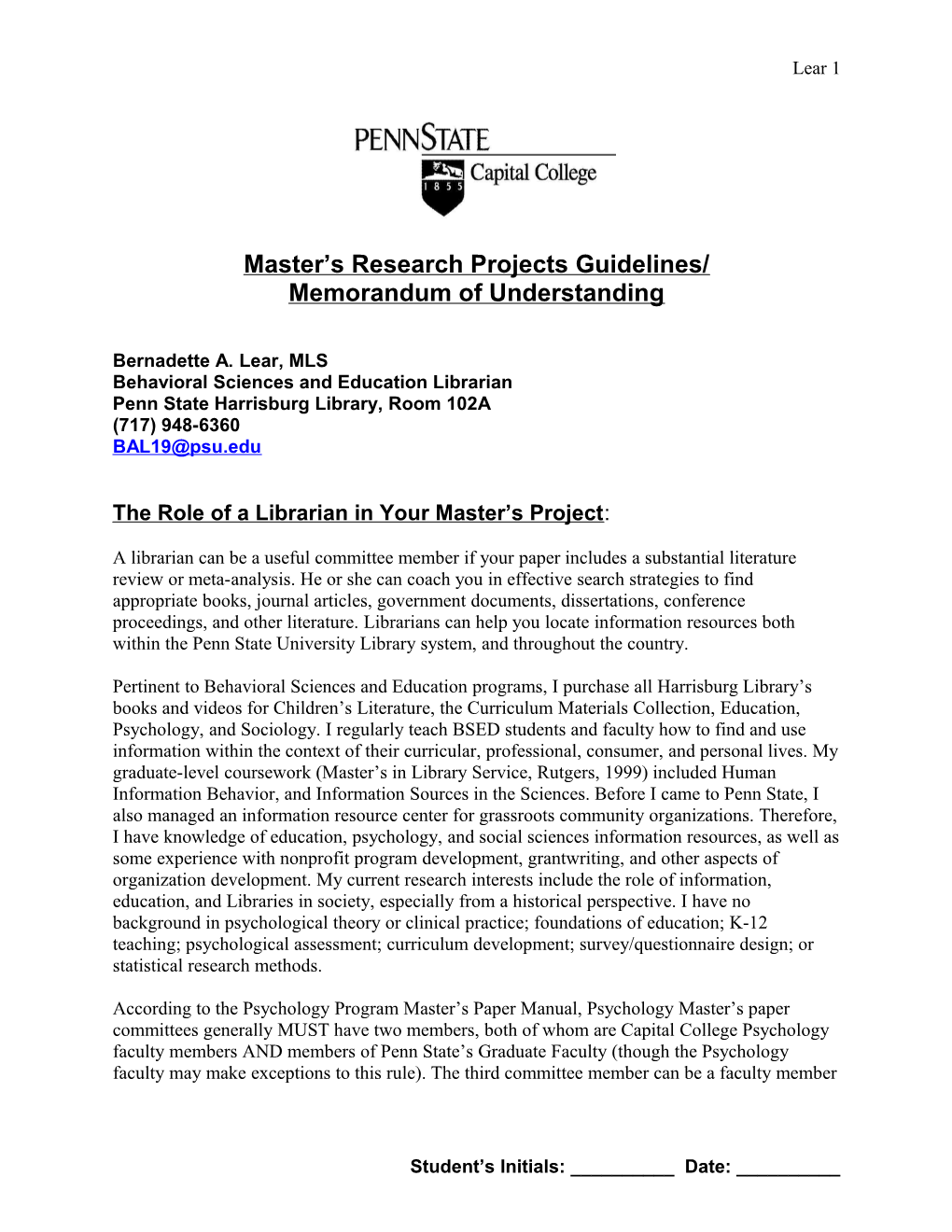 Research Projects Guidelines/Memorandum of Understanding