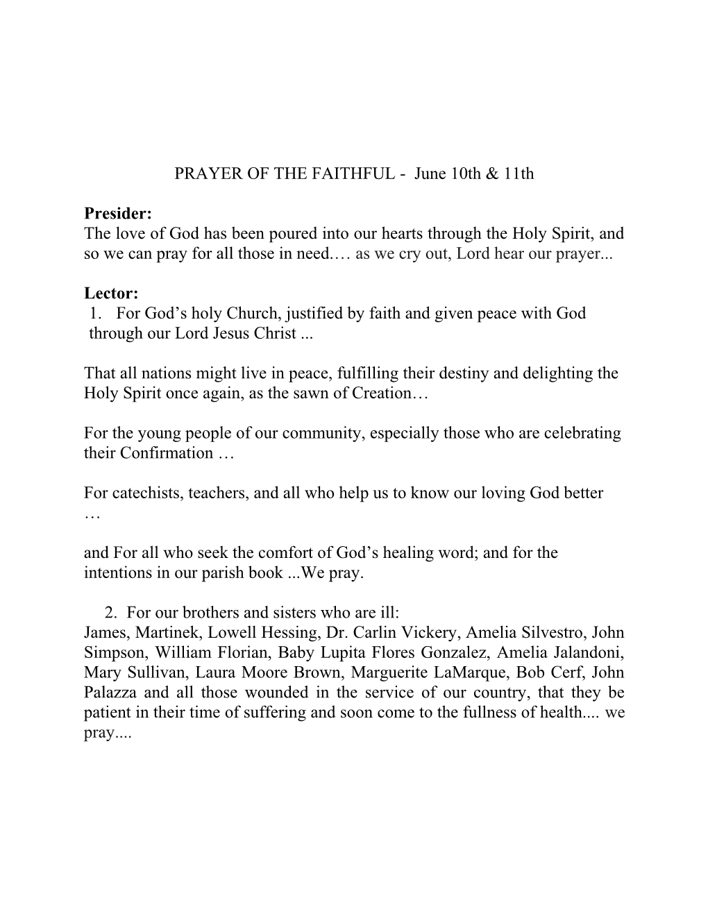 PRAYER of the FAITHFUL - June 10Th11th