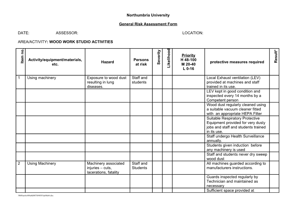 Example RA Woodwork General Risk Assessment Form