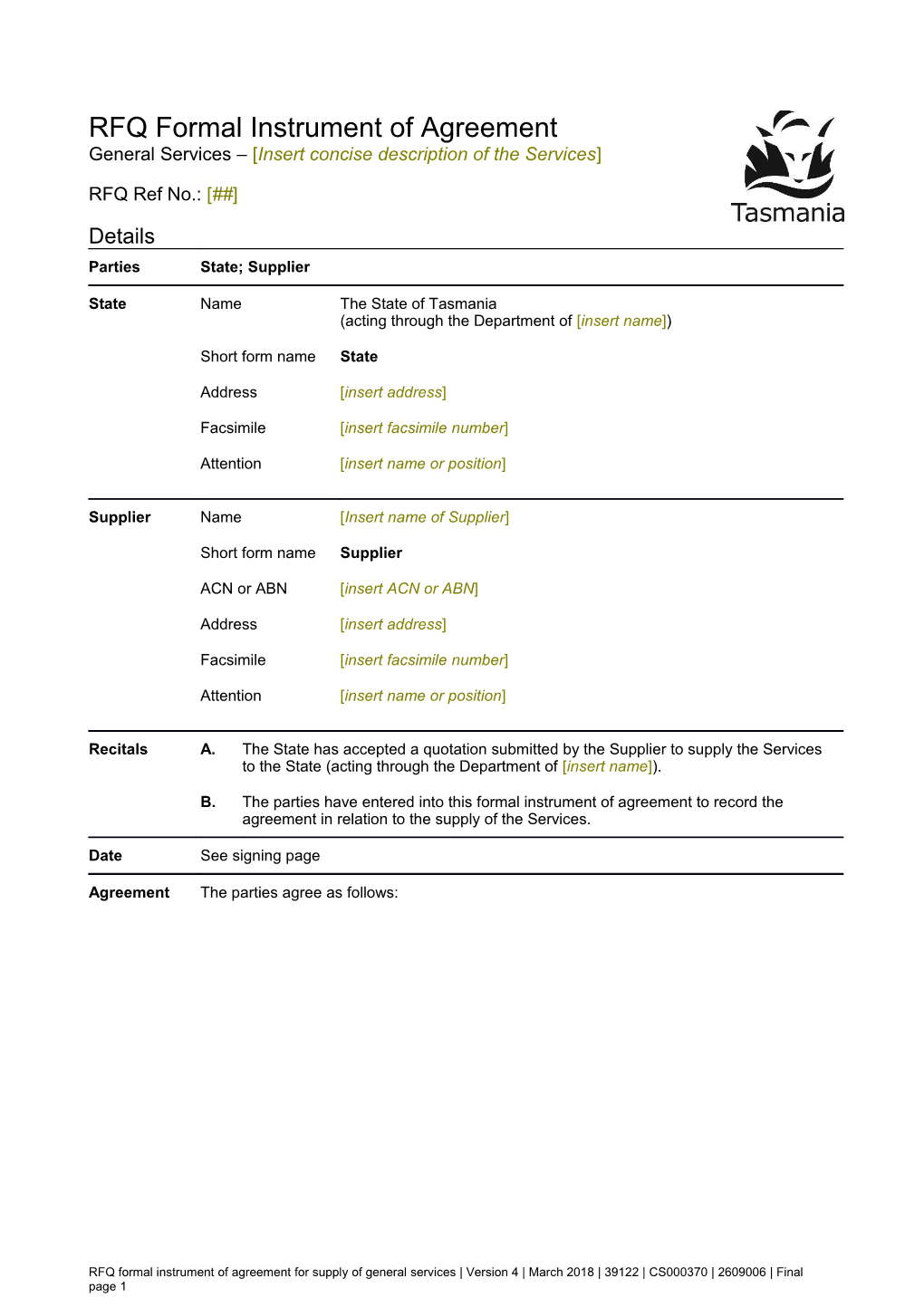 RFQ Formal Instrument of Agreement - Supply of General Services