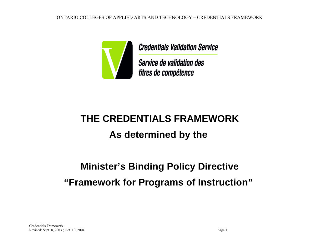 Ontario Colleges of Applied Arts and Technology Credentials Framework (02/03)