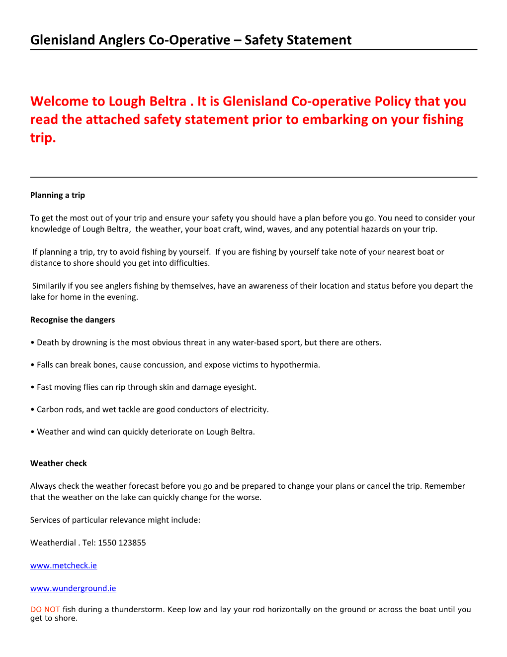 Glenisland Anglers Co-Operative Safety Statement