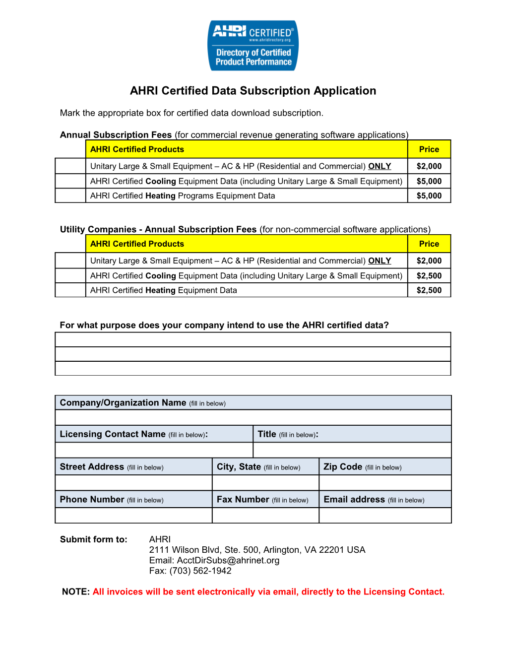 AHRI Certified Data Subscription Application