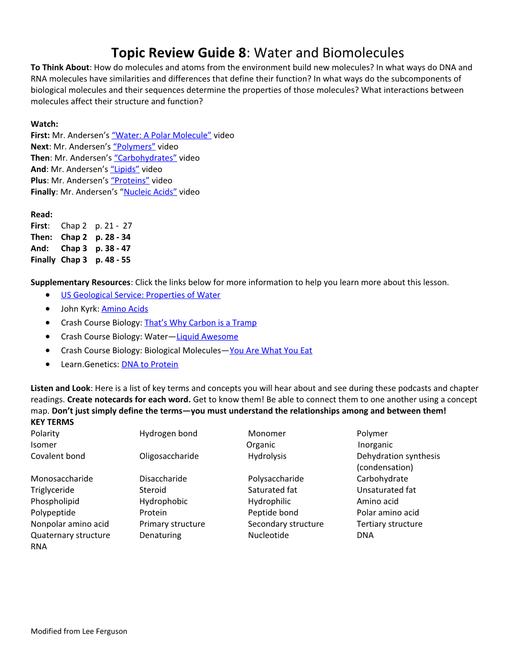 Topic Review Guide 8 : Water and Biomolecules