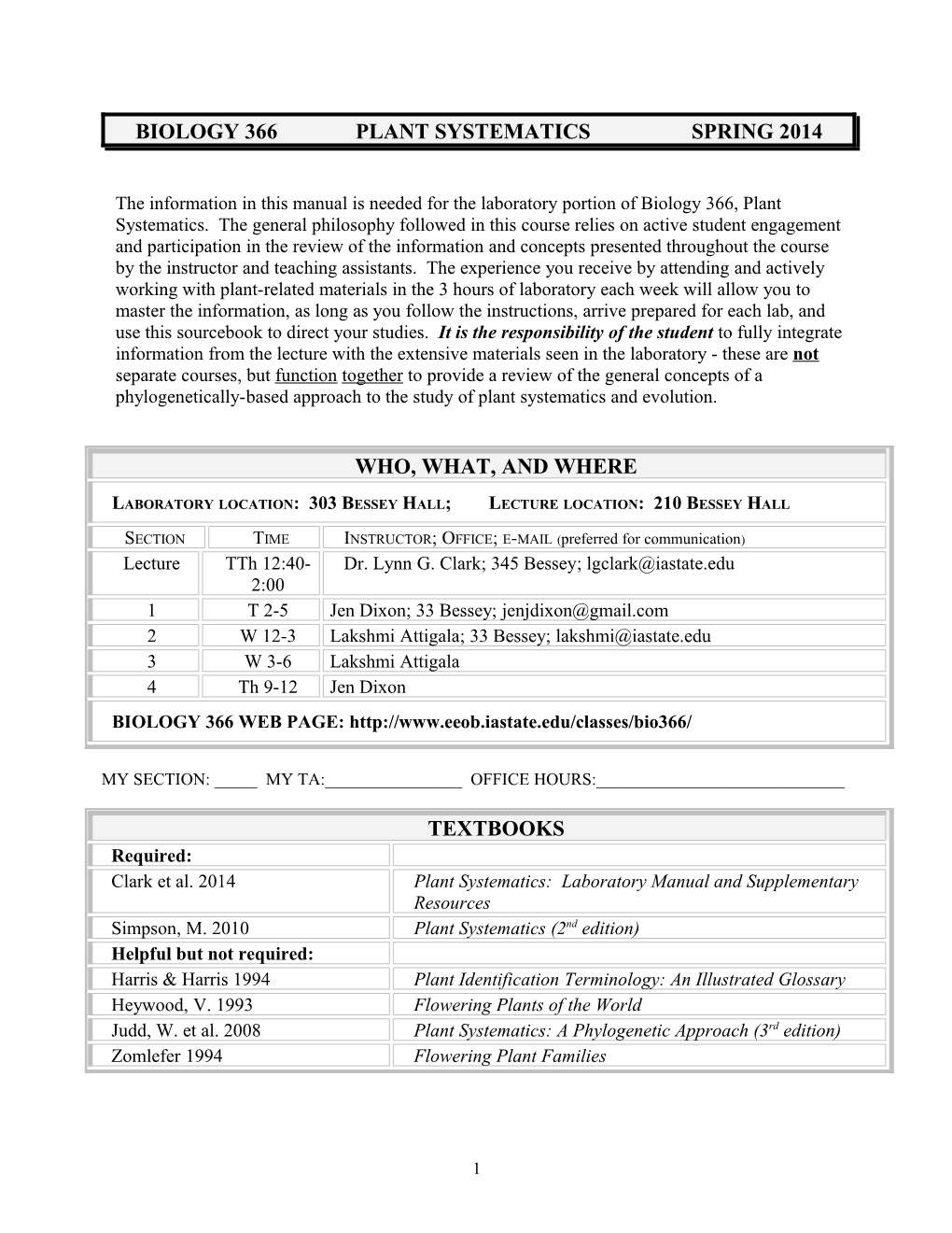 Biology 366Plant Systematicsspring 2014