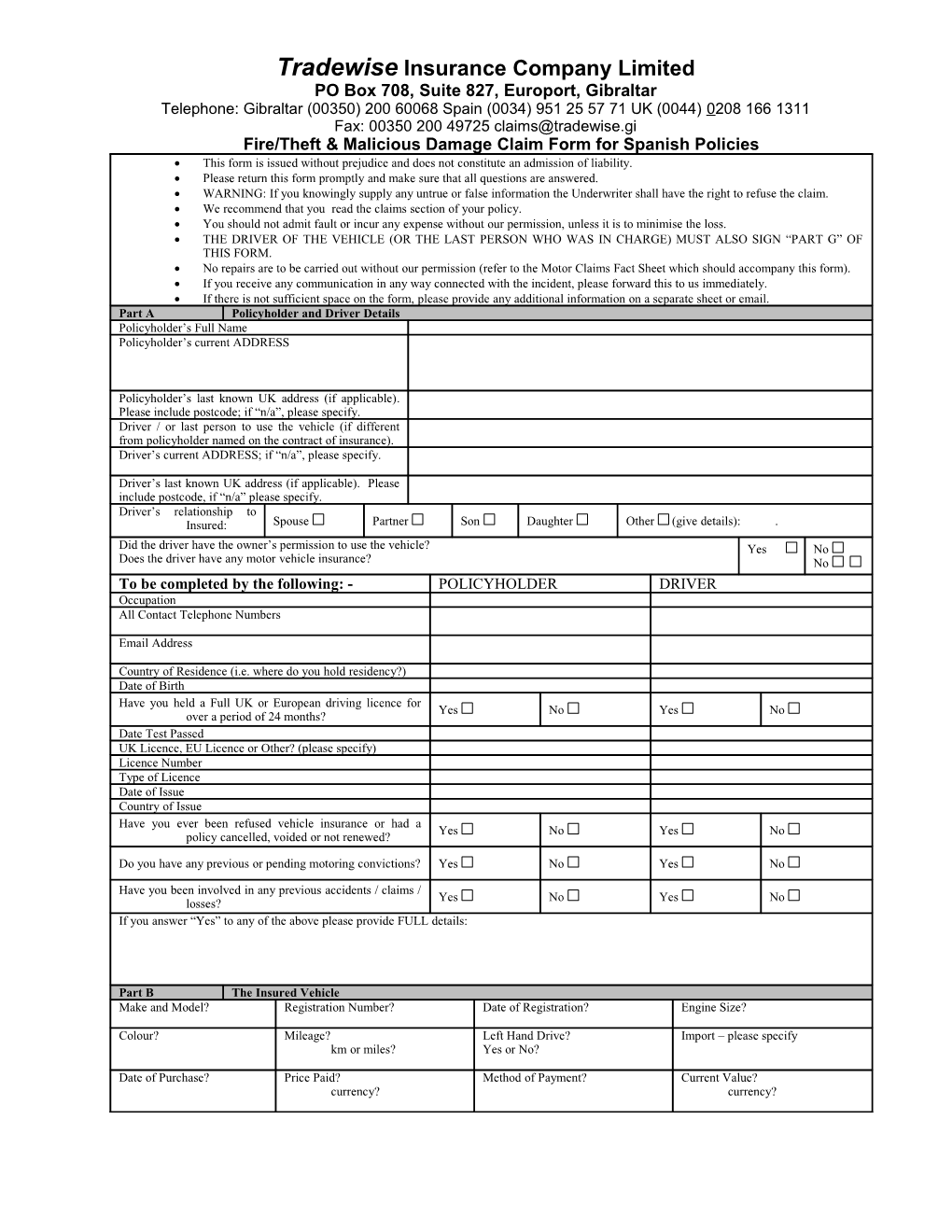 Indemnity Check Sheet