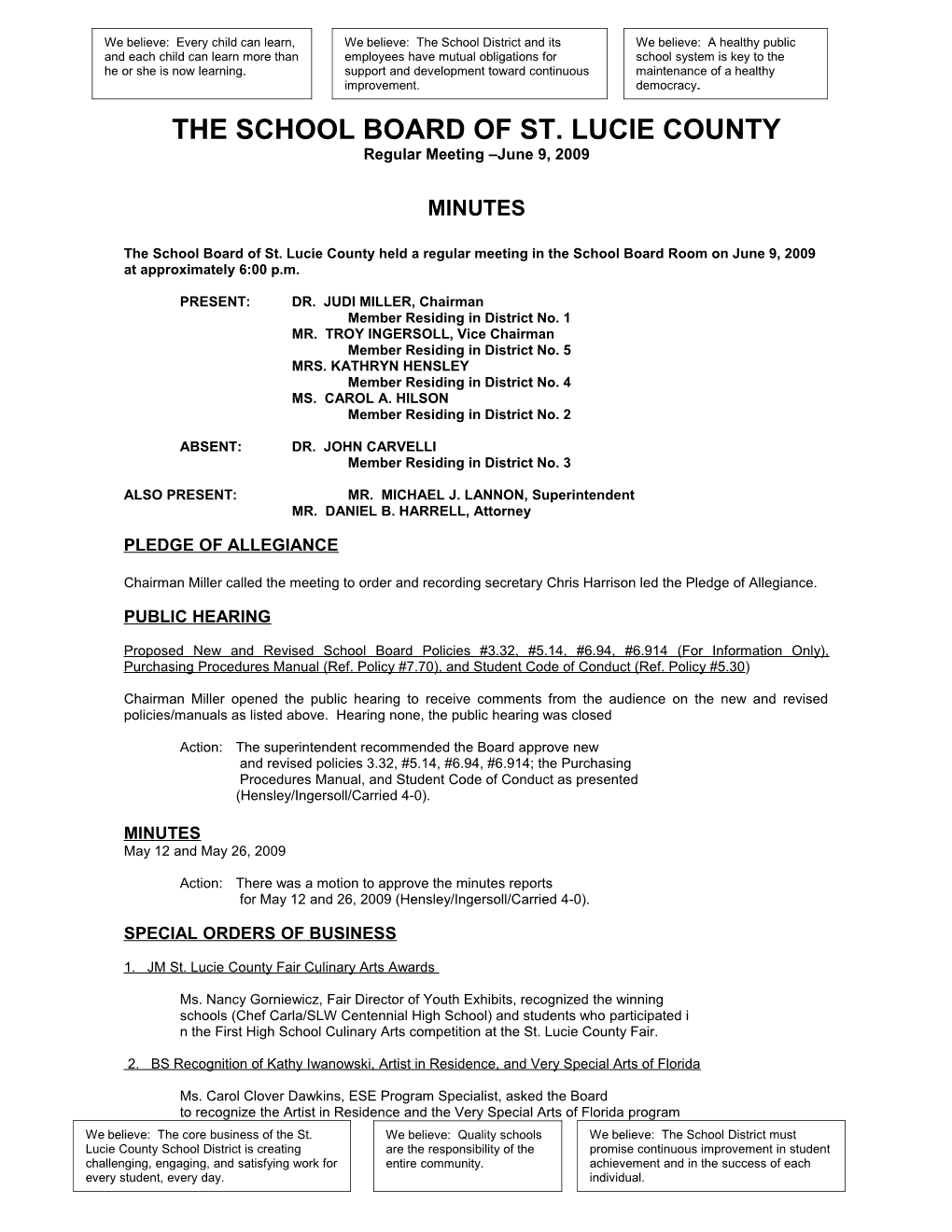 06-09-09 SLCSB Regular Meeting Minutes