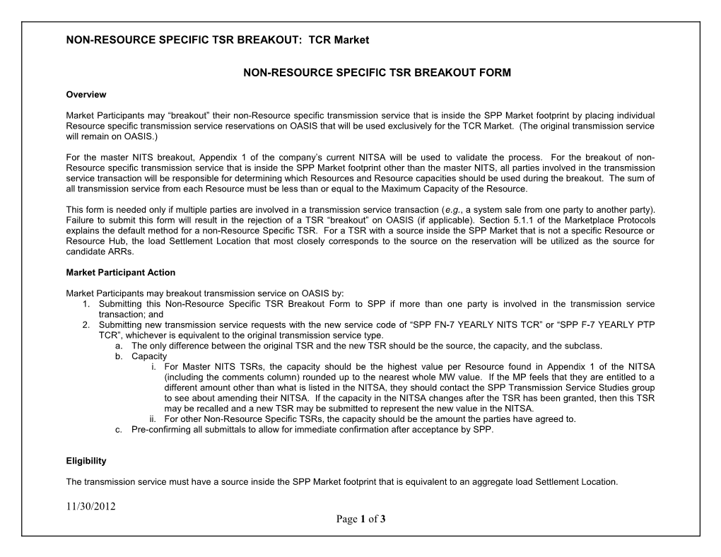 NON-RESOURCE SPECIFIC TSR BREAKOUT: TCR Market