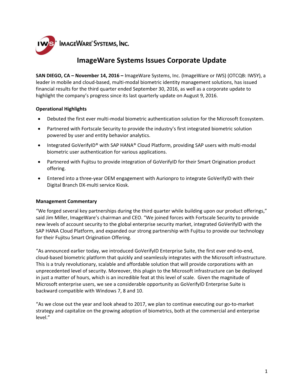 Imageware Systems Issues Corporate Update