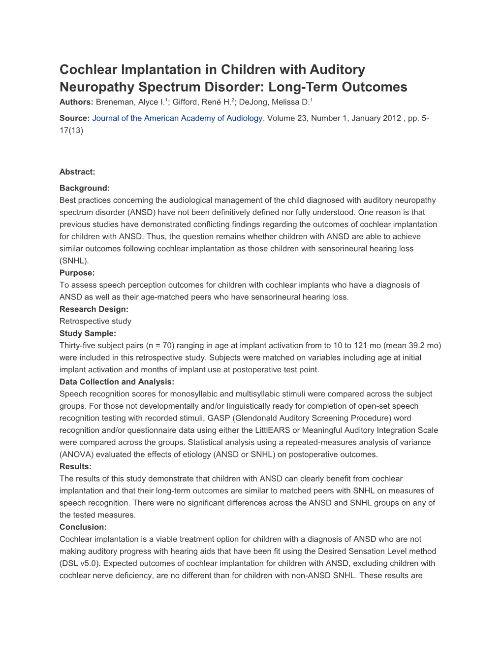 Cochlear Implantation in Children with Auditory Neuropathy Spectrum Disorder: Long-Term