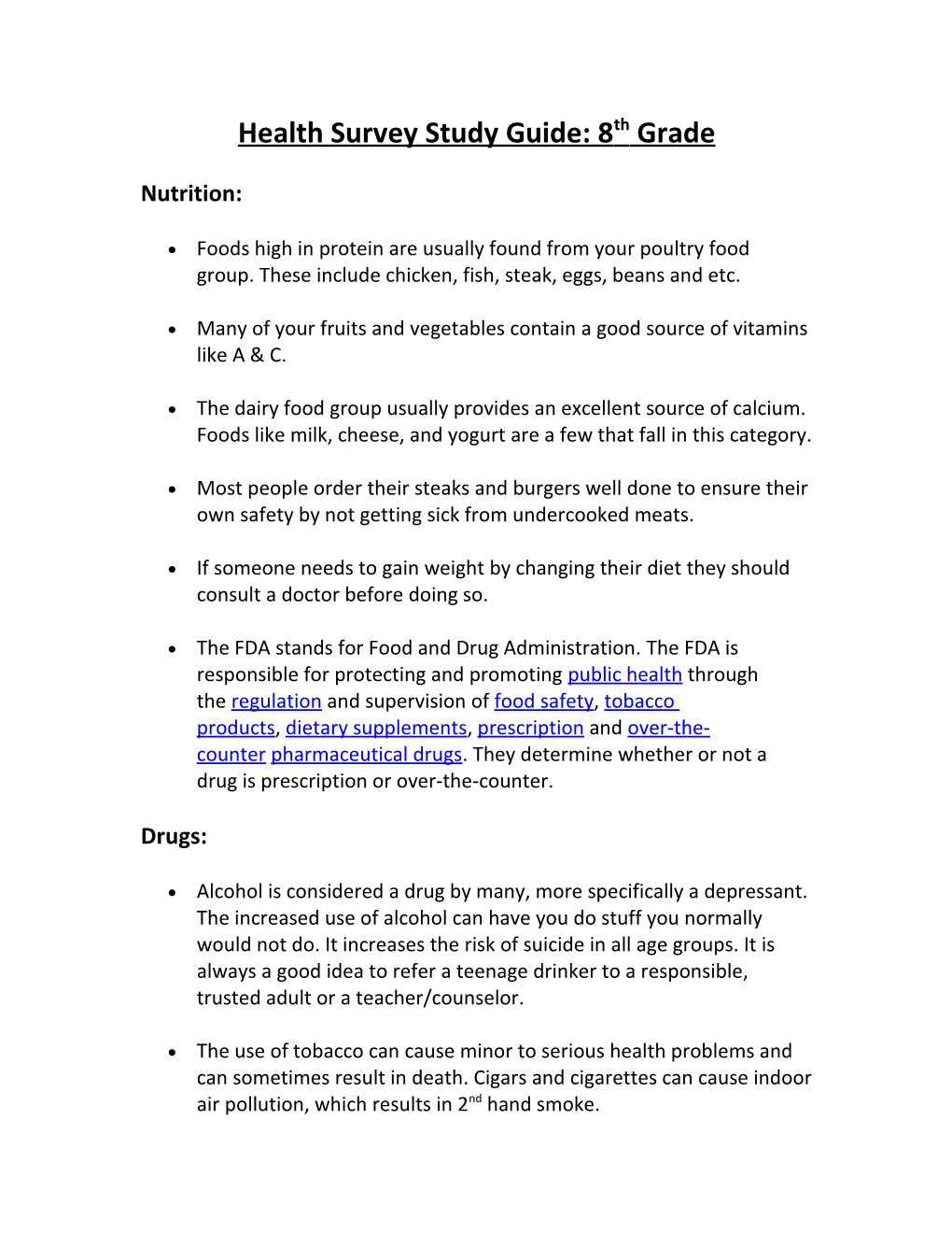 Health Survey Study Guide: 8Th Grade