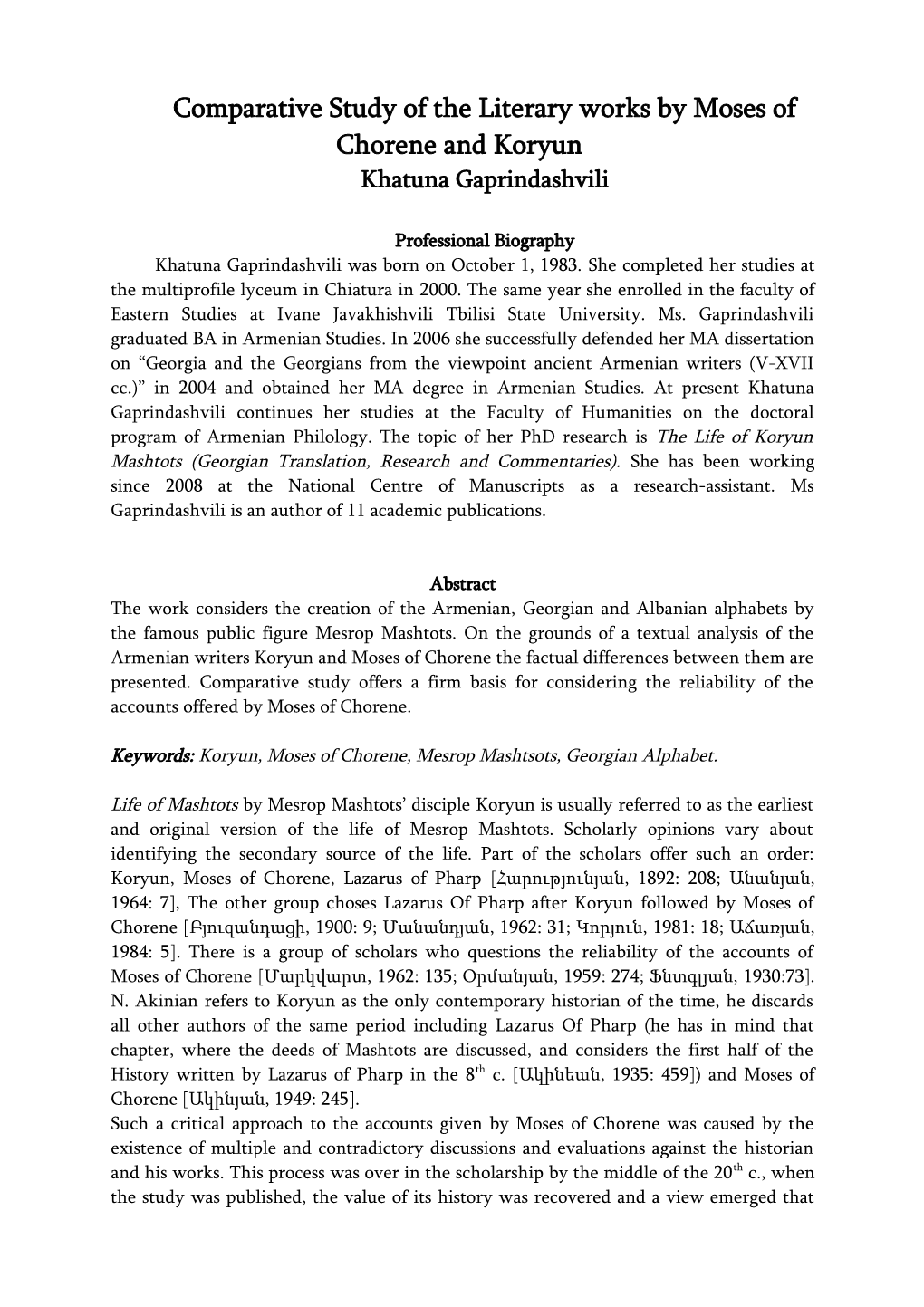 Comparative Study of the Literary Works by Moses of Chorene and Koryun