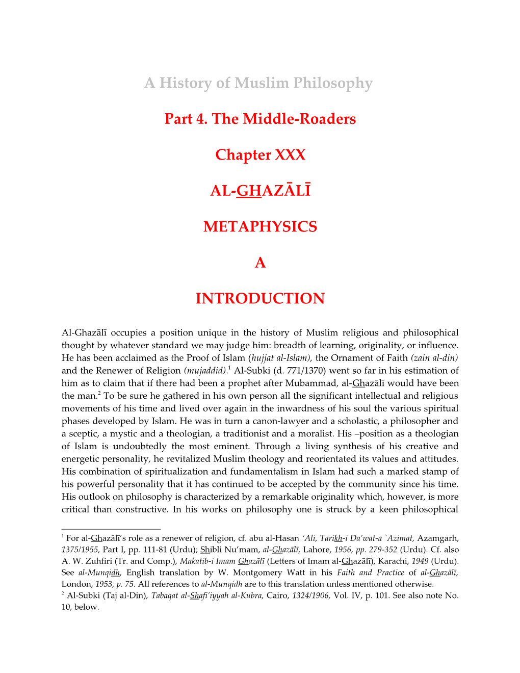 Al-Ghazali Life and Works: History of Muslim Philosophy