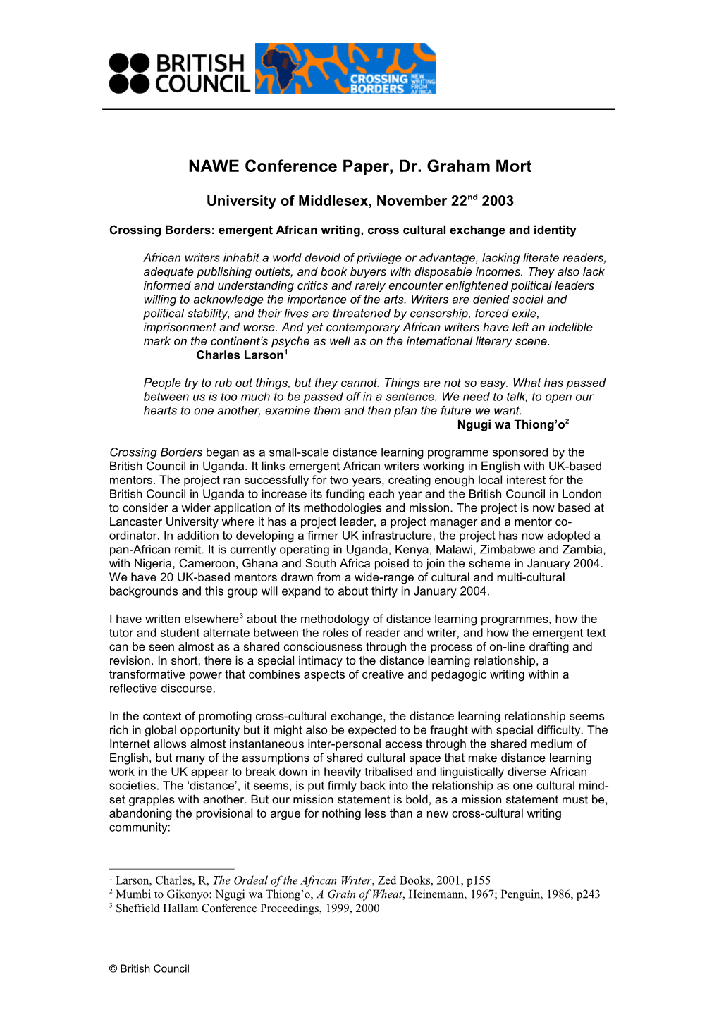 NAWE Conference Paper, Dr. Graham Mort