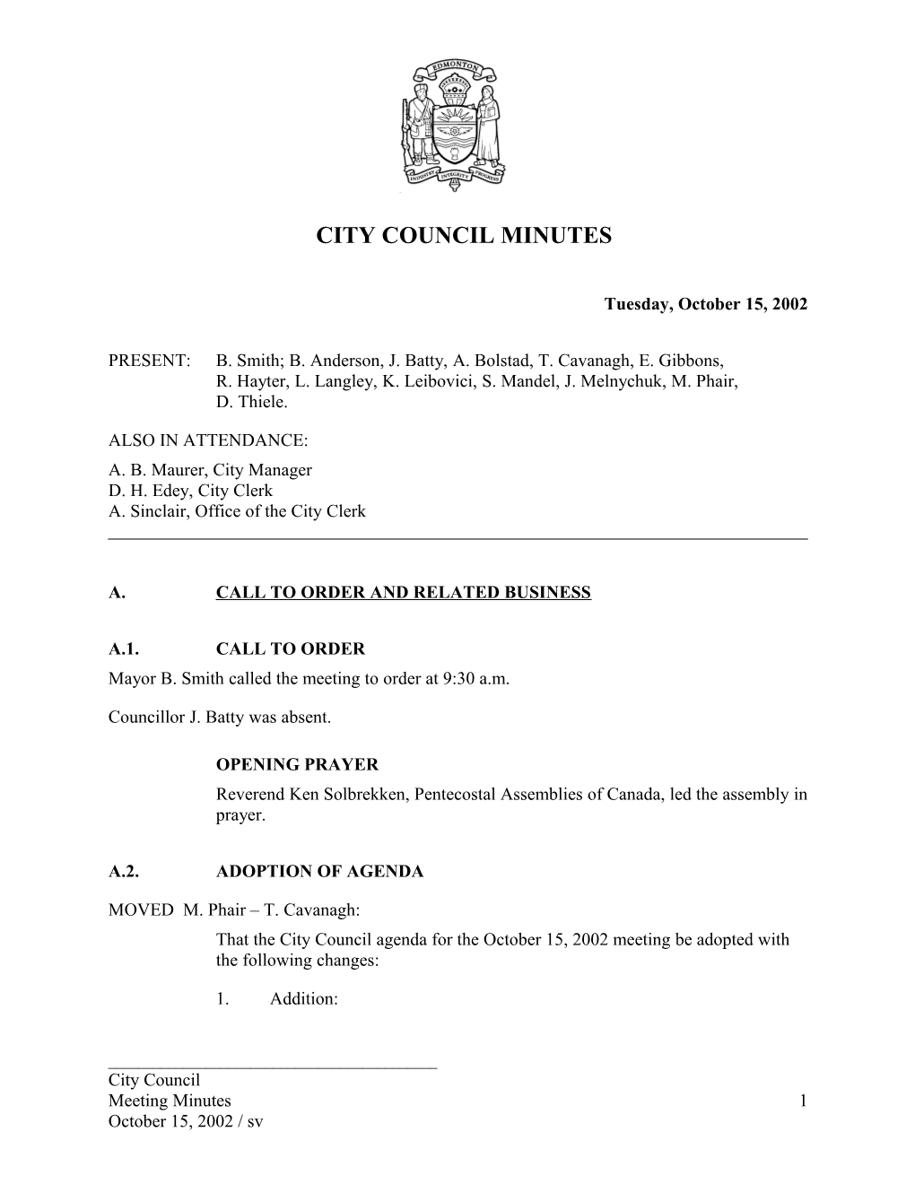 Minutes for City Council October 15, 2002 Meeting