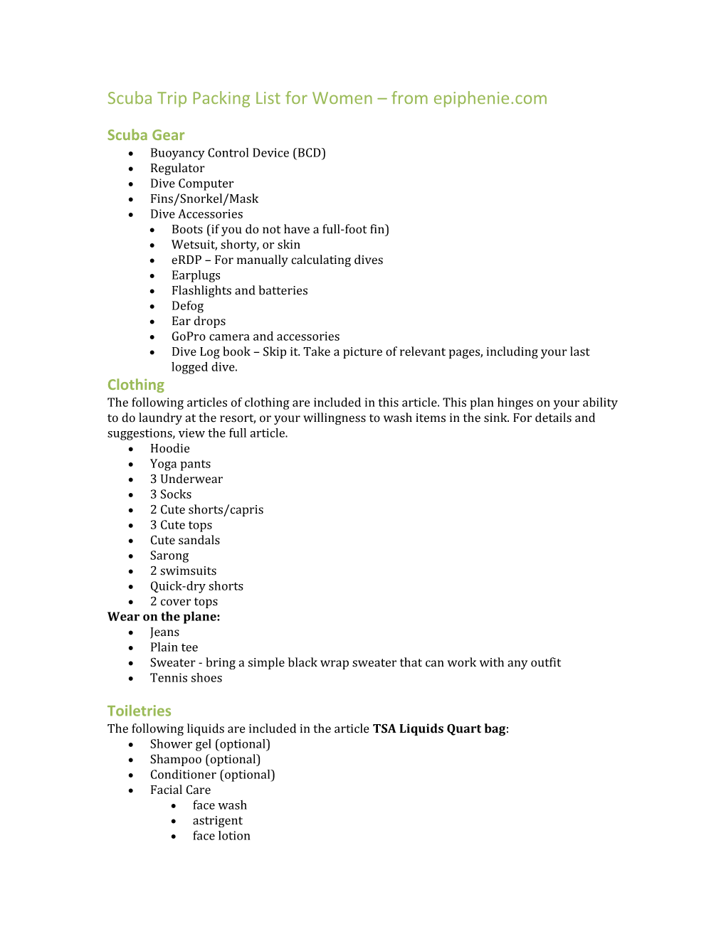 Scuba Trip Packing List for Women from Epiphenie.Com