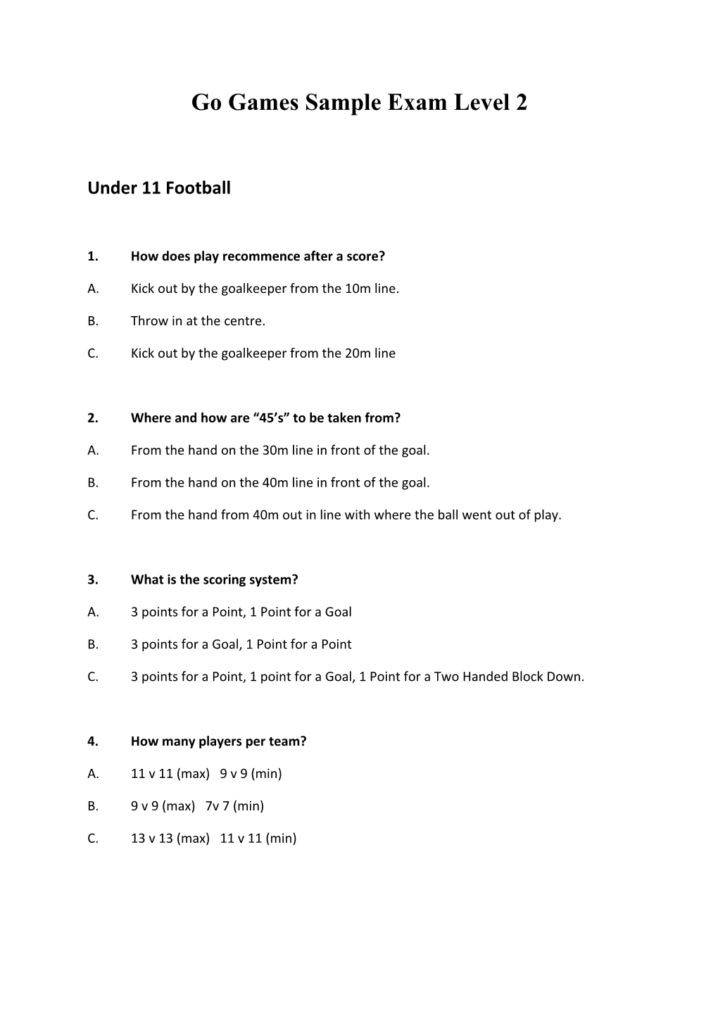 Go Games Sample Exam Level 2