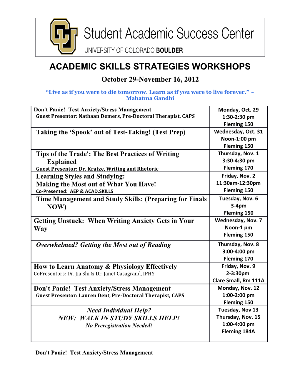 Academic Skills Strategies Workshops