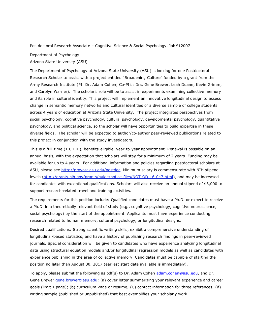 Postdoctoral Research Associate Cognitive Science & Social Psychology, Job#12007