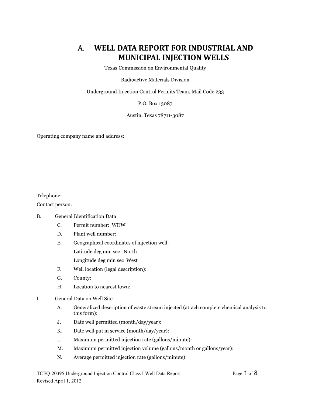 Well Data Report for Industrial and Municipal Injection Wells