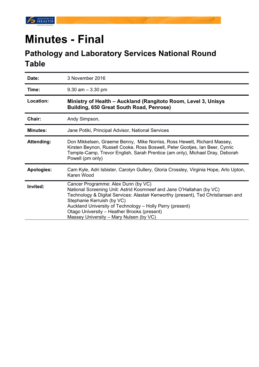 Minutes - Final - Pathology and Laboratory Services National Round Table