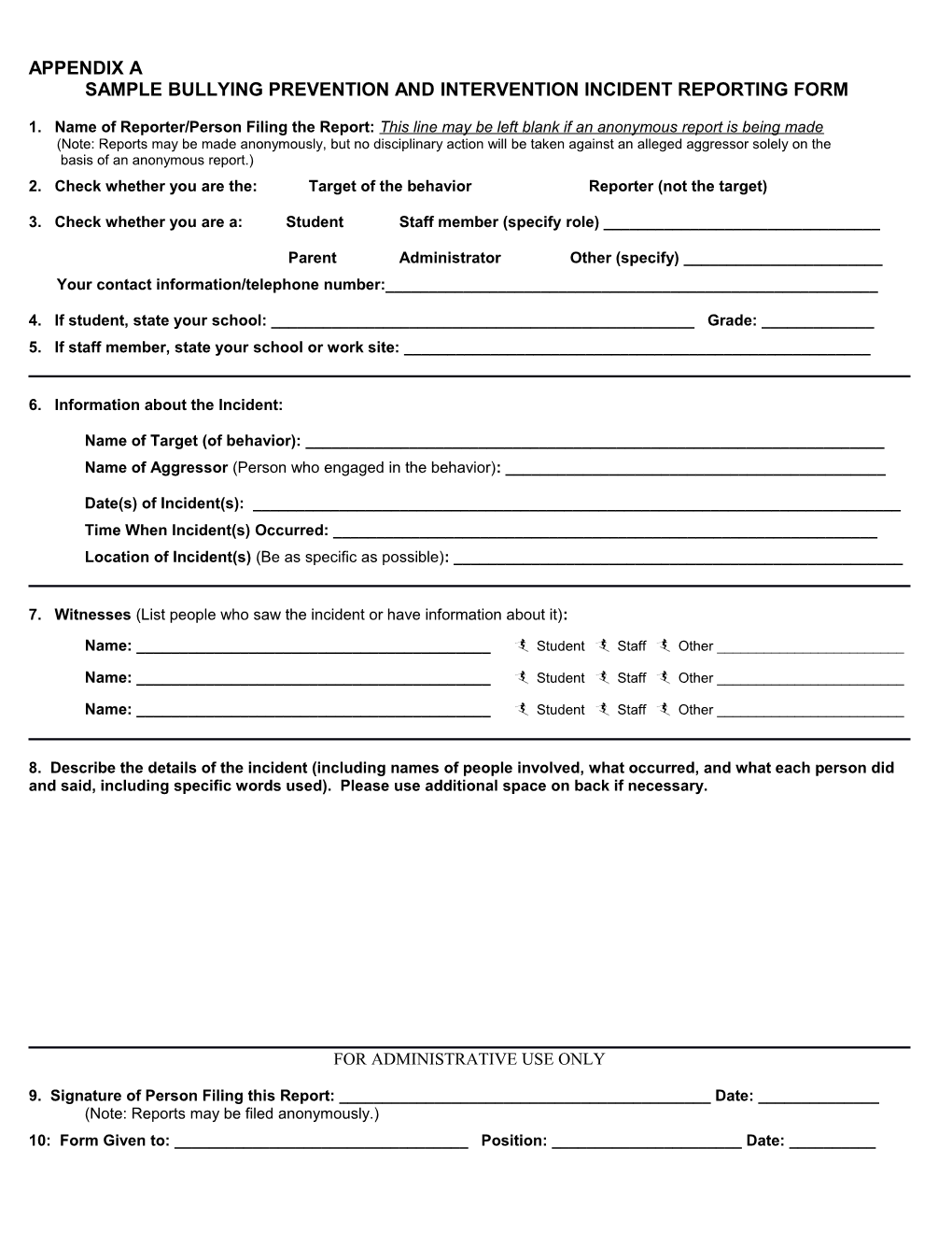 Sample Bullying Prevention and Intervention Incident Reporting Form