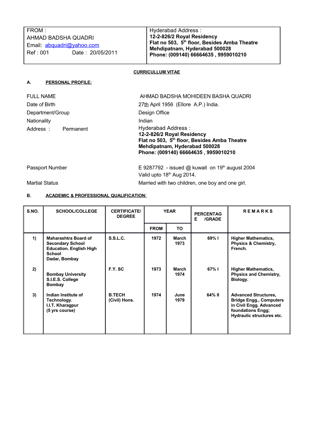 Application for the Post of Senior Civil / Structural Design Manager/Supervisor Ph