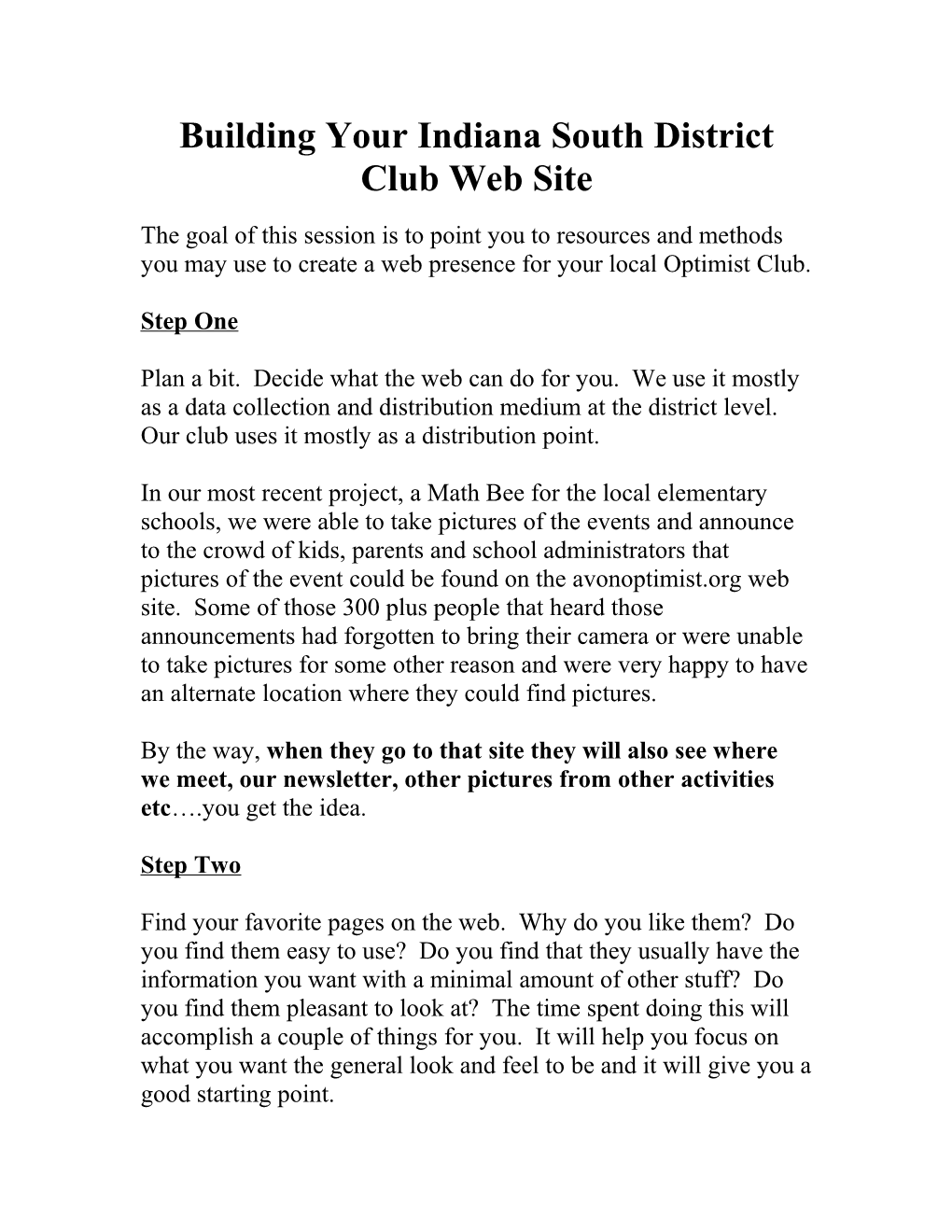 Building Your Indiana South District Club Web Site