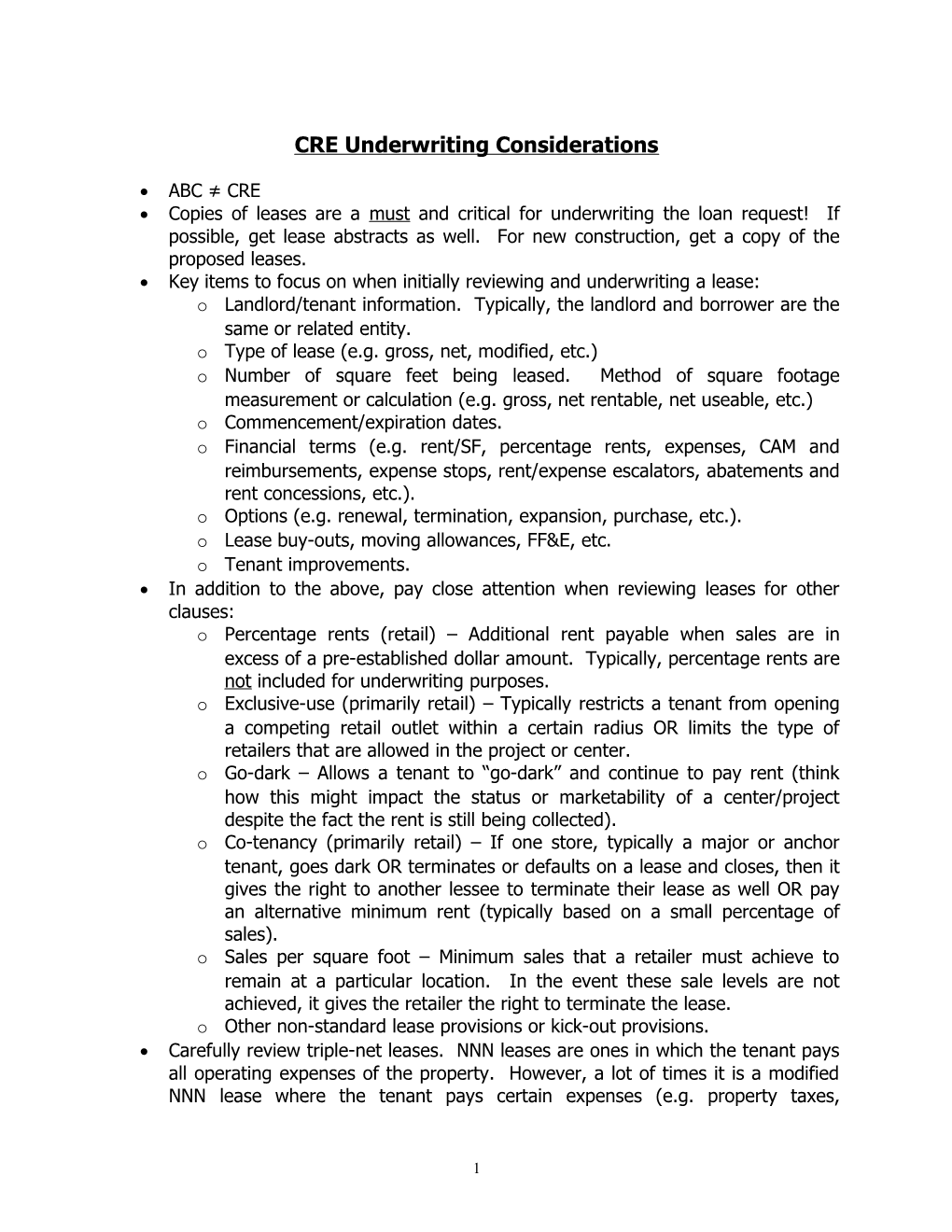 CRE Underwriting Considerations (Continued)