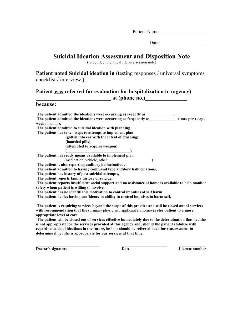 Suicidal Ideation Assessment and Deposition Note