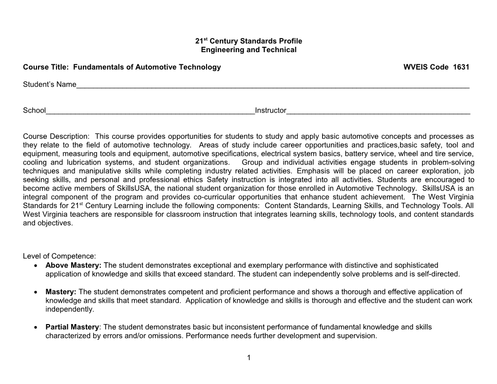 Course Title: Fundamentals of Automotive Technology WVEIS Code 1631